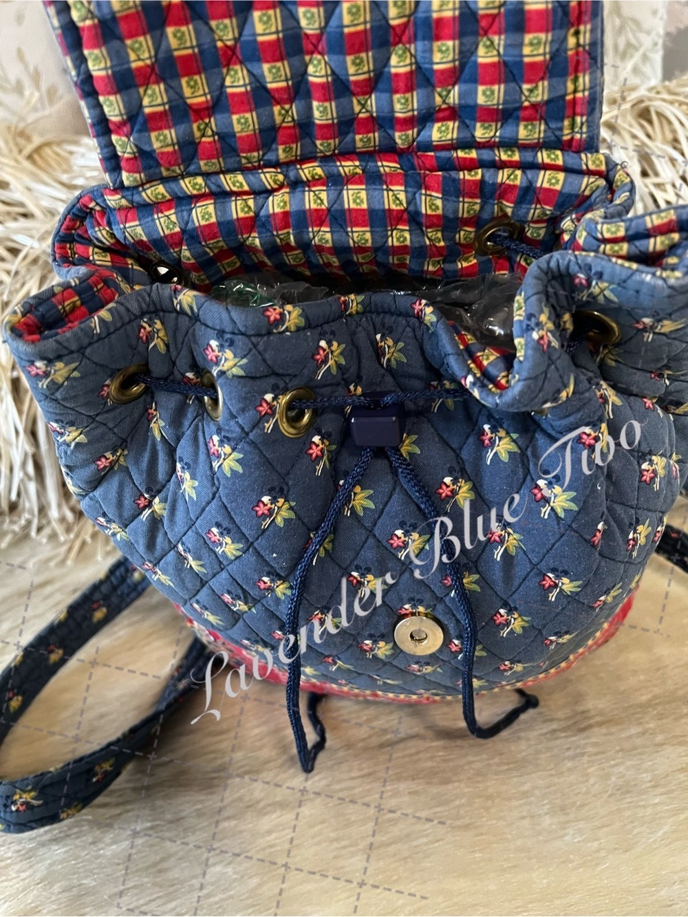 Vintage VERA BRADLEY Emily 2005 Mimi Flap Drawstring Backpack USA Red Blue Y2K - Picture 3 of 14